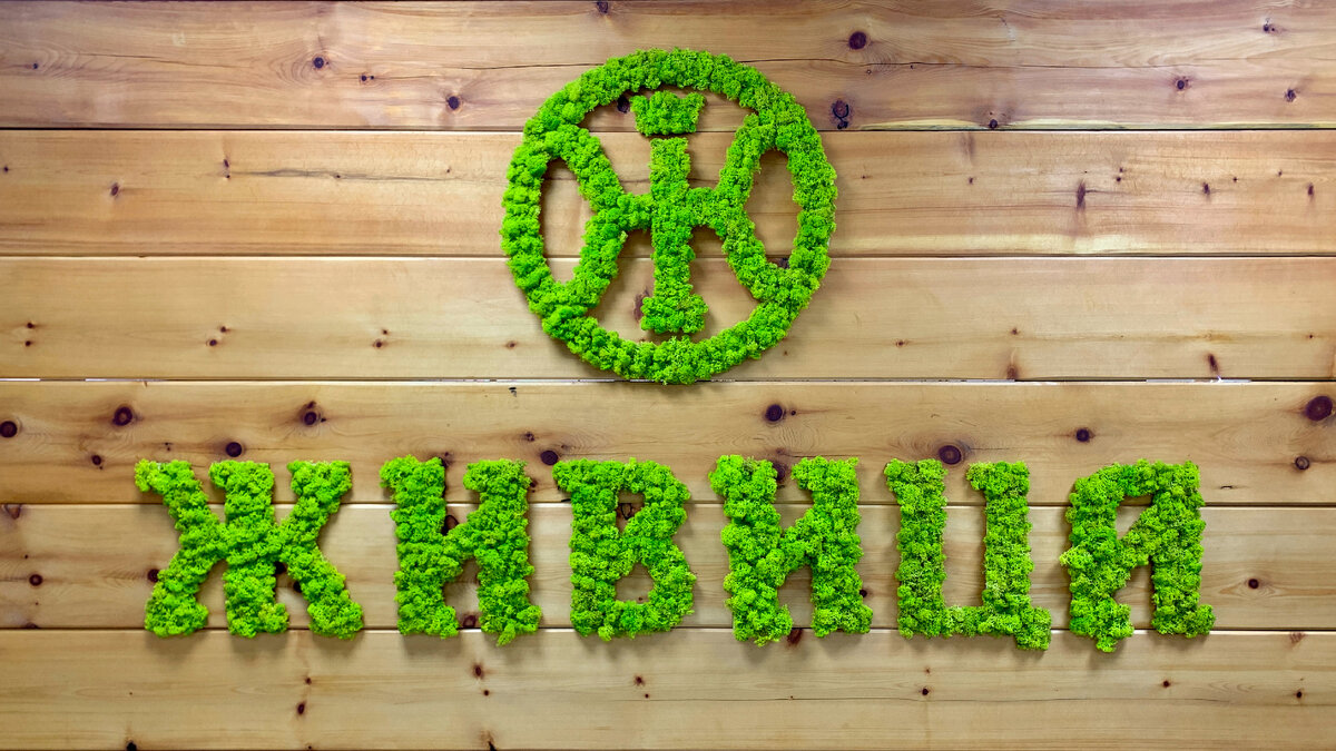 На входе встречают дерево и мох - ну точно как в лесу