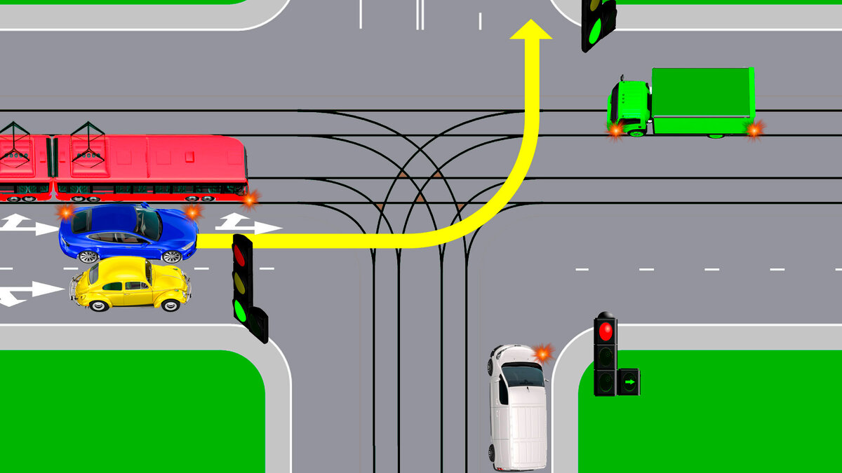 автомобиль поворачивает направо. пдд поворот налево и разворот. 1 на перекрестке. знак 4. перекресток с светофором с доп секцией.