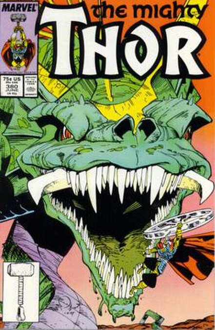 Битва Тора и Змея Мидгарда на обложке Thor # 380 (июнь 1987 г.). Искусство Уолта Симонсона . Источник изображения: сайт hmong.ru