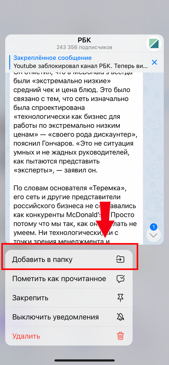 2. Выберите пункт «Добавить в папку».