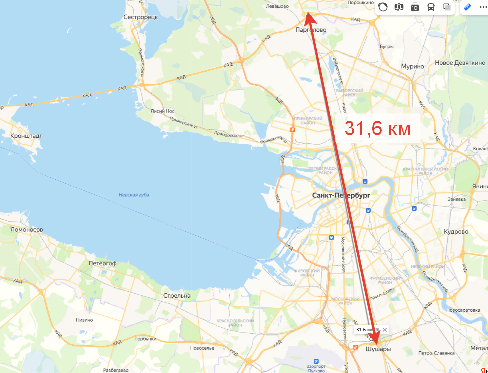 К примеру расстояние от Парголово до Шушар