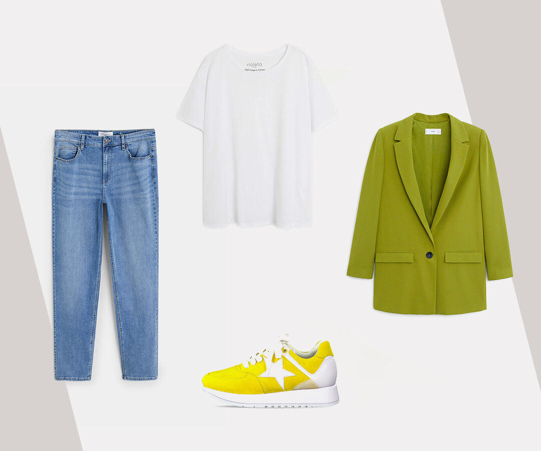 Кроссовки Jana, 4990 р., футболка, джинсы и жакет Violeta by Mango