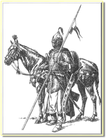Тяжёловооружённый хазарский конный воин.  Рисунок-реконструкция Олега Фёдорова.
