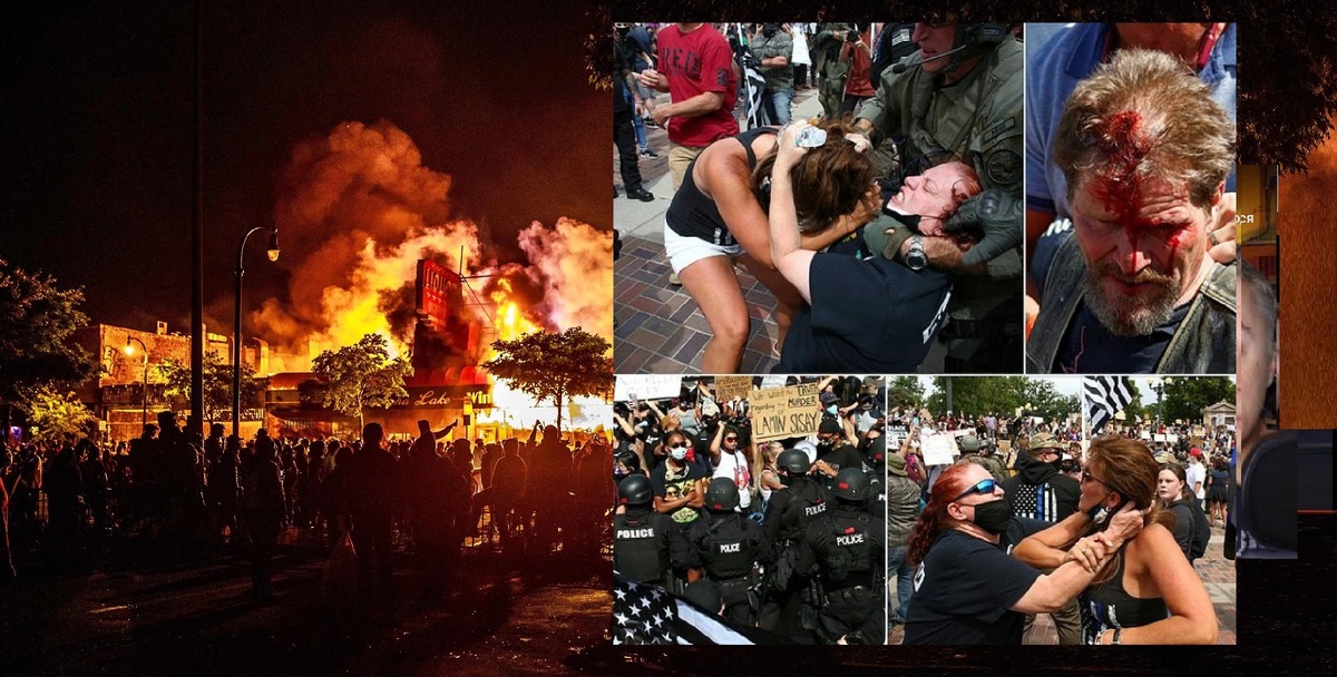 толпа "антиполицейких" протестующих поджигает здания