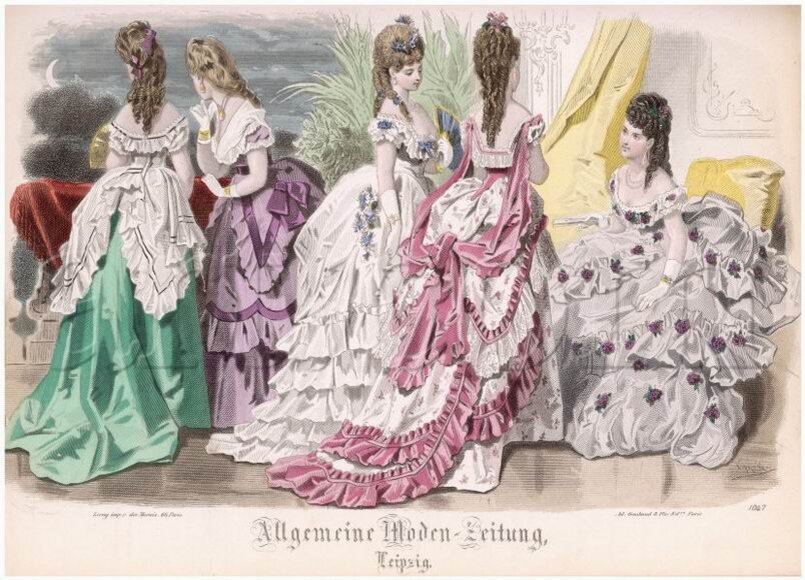 Бальные и вечерние платья с турнюрами. 1872 год