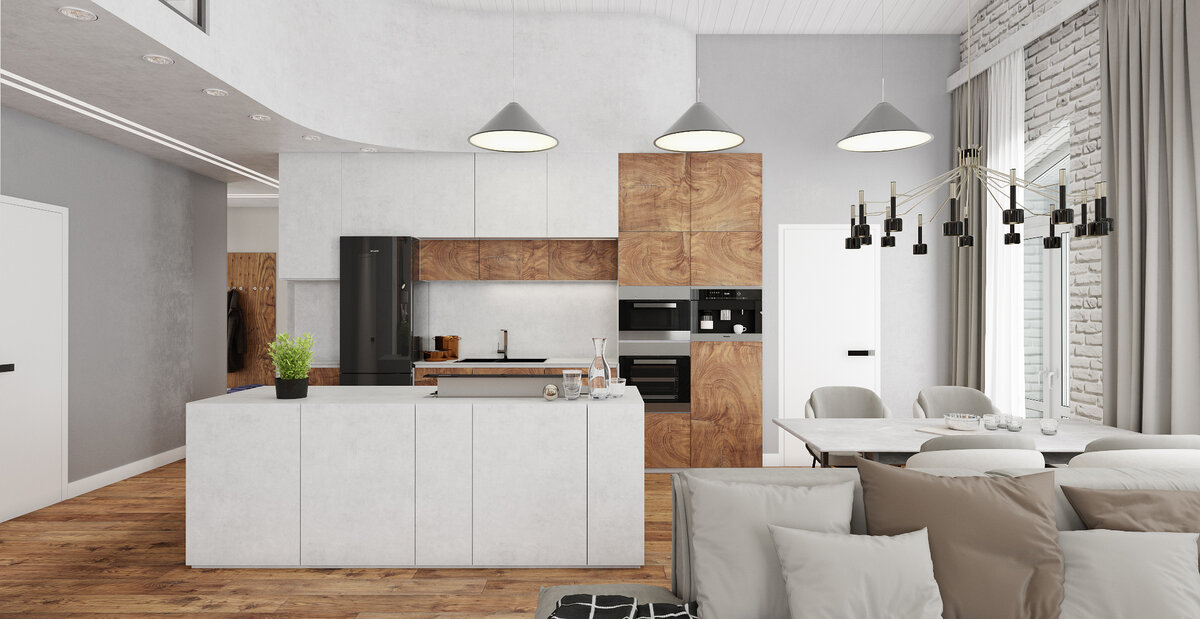 Пространство кухни-гостиной 45 м2. Дизайн коттеджа, Студия Малина-ПРО