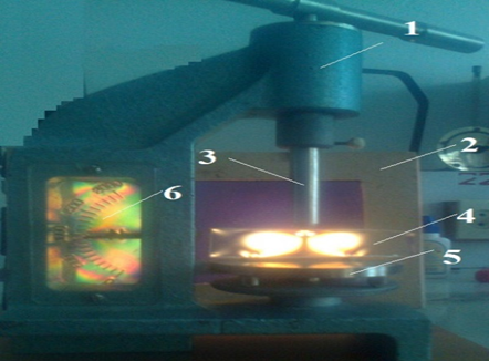 Рис.1.Установка для исследования силовых напряжений в образце из оргстекла. 1.Твердомер. 2.Поляризатор.3. Шток твердомера.4. Образец из оргстекла.5.Плошадка твёрдомера.6.Динамометр на 2000Н.Анализатор установлен на объективе фотоапарата.