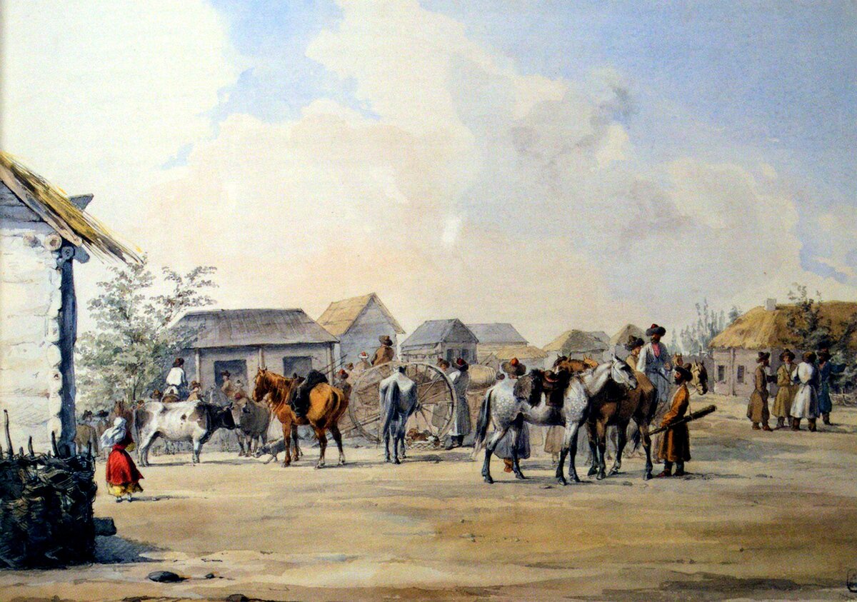 "Базар в станице Червленной", 1840-е гг. Художник Вышеславцев А. В.