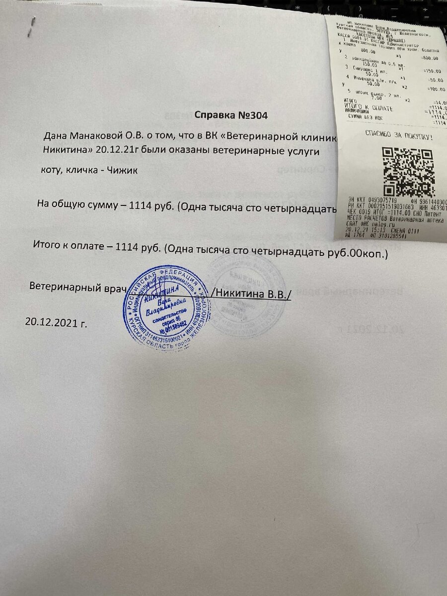 часть чеков за лечение котиков