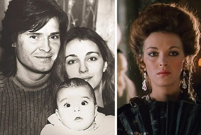 Агния Дитковските в детстве с родителями. Справа Татьяна Лютаева в фильме "Виват, гардемарины!", 1991 год