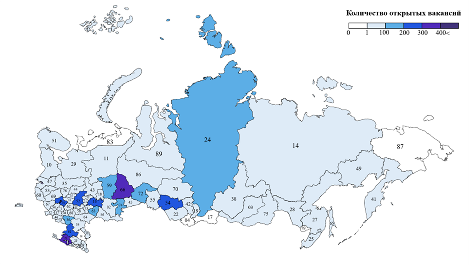          Рисунок 1 - Карта регионов страны с открытыми вакансиями для 1С-программистов