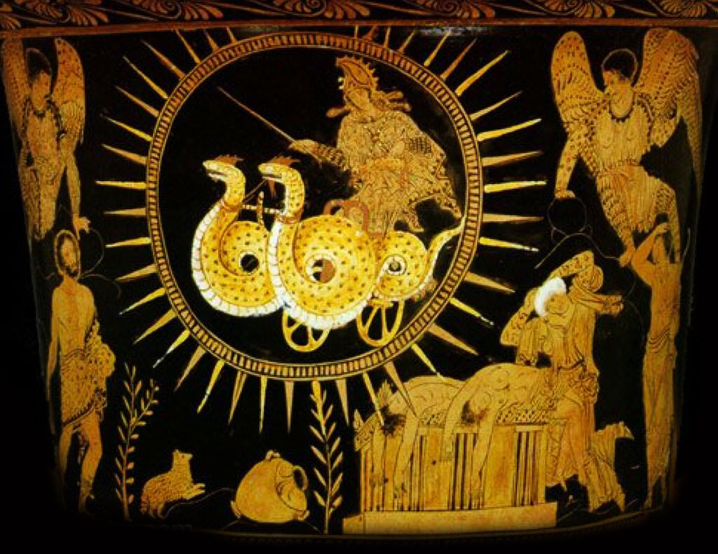 ... А вот уже Медея, на колеснице своего деда Гелиоса, но уже с драконами.