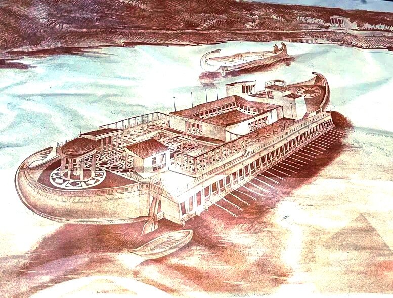 Так мог выглядеть один из кораблей. Рисунок выполнен с учётом всех открытий и находок, сделанных при подъеме судна со дна озера Неми.