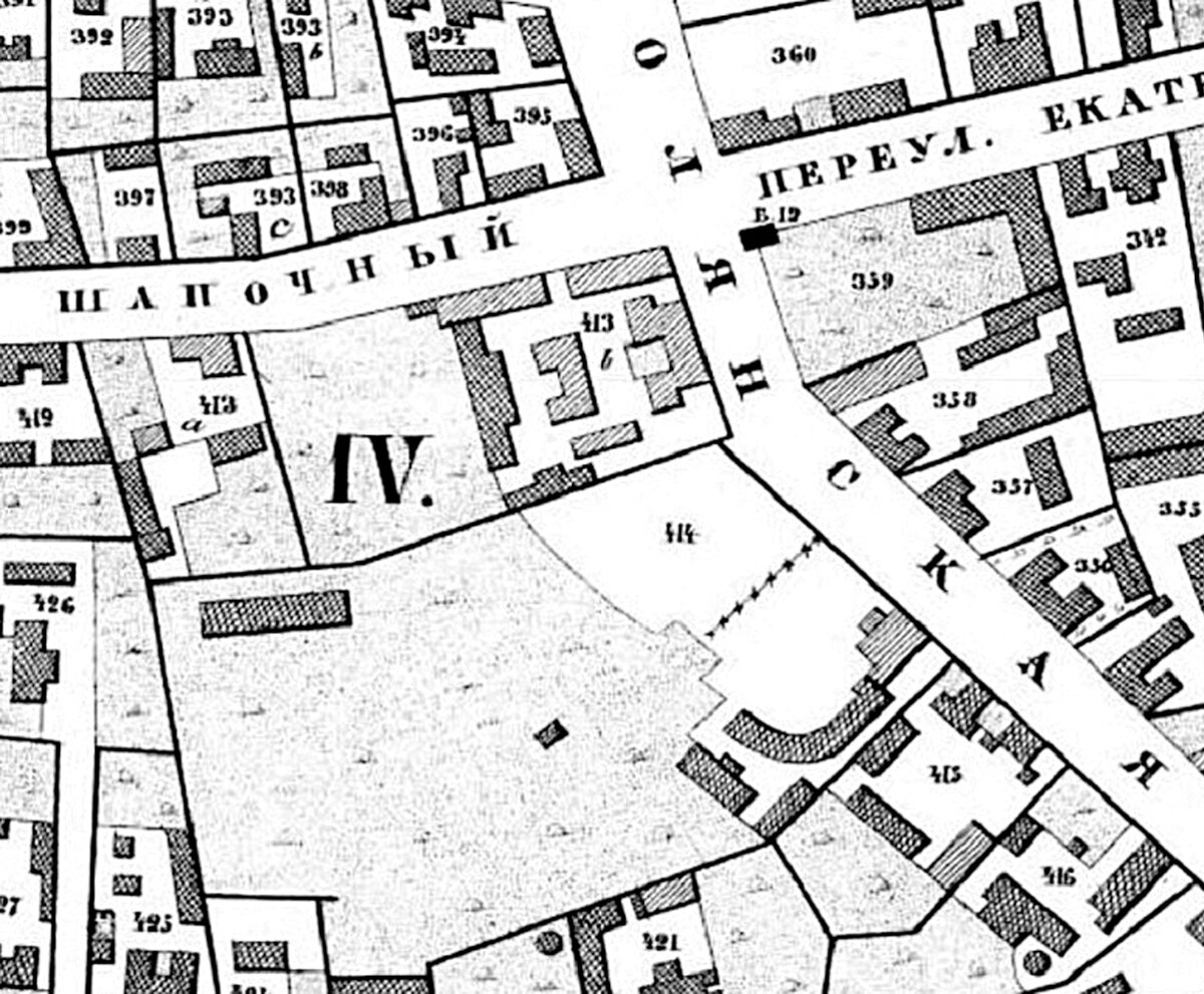 Усадьба Безсонова — Рукавишниковой  с огромным садом  на плане А. С. Хотева. 1852 год