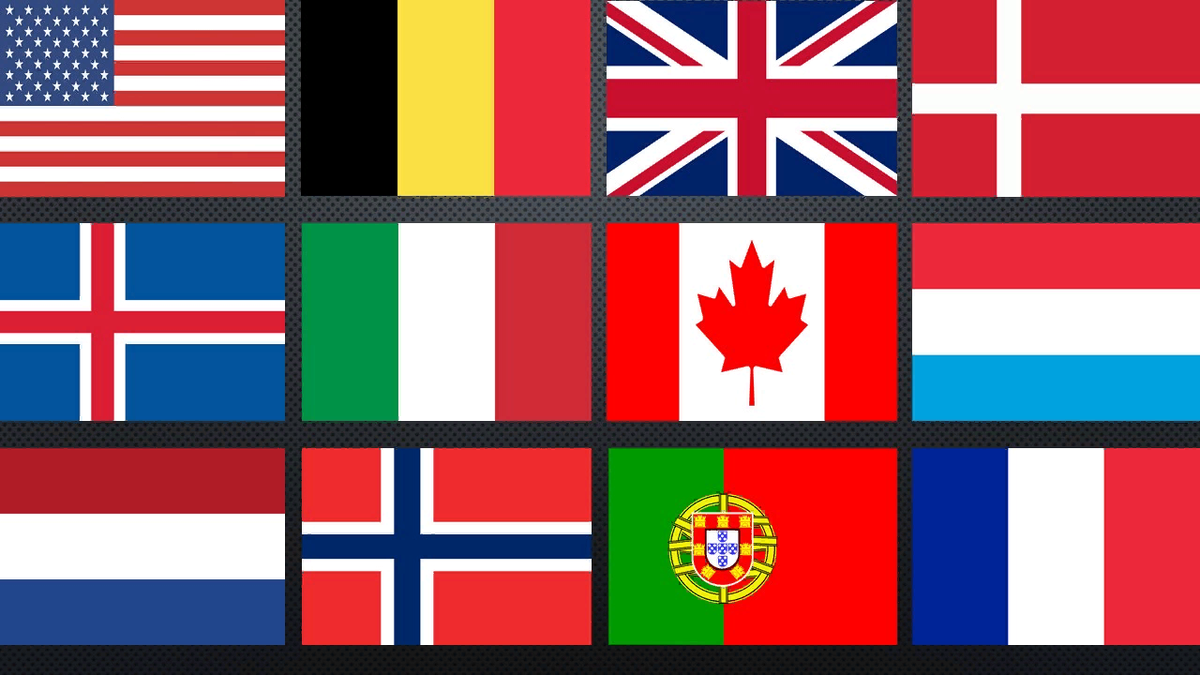 Слева направо. США, Бельгия, Великобритания, Дания, Исландия, Италия, Канада, Люксембург, Нидерланды, Норвегия, Португалия, Франция.