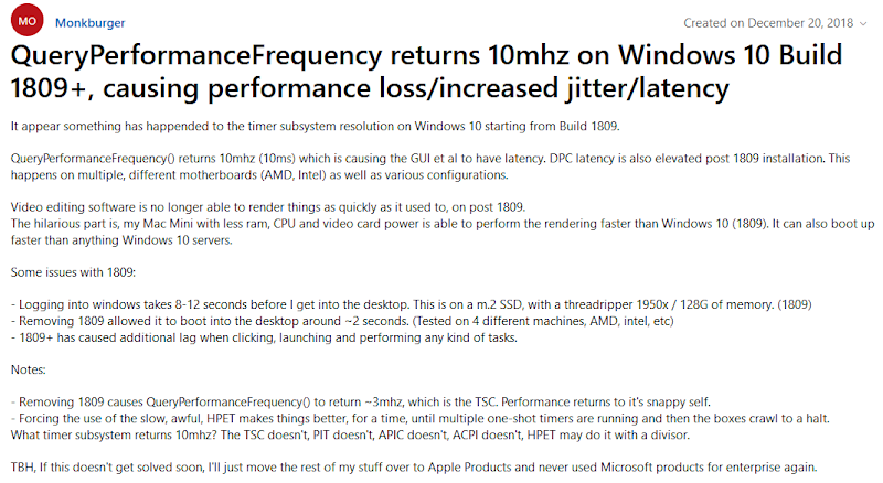 Microsoft locked this thread, it’s worth reading…
https://answers.microsoft.com/en-us/windows/forum/all/queryperformancefrequency-returns-10mhz-on-windows/44946807-5355-4b36-ba3e-43aa86ce30c0

