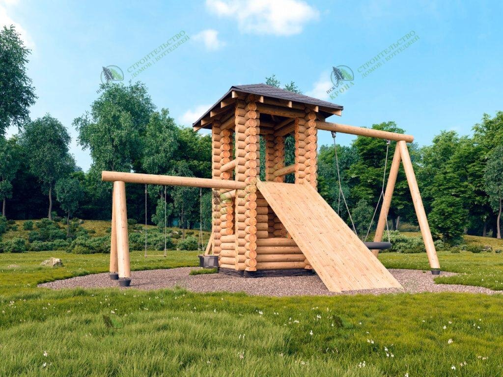 Детская горка с качелями из бревна