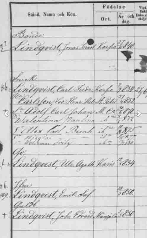 Под номером 86 запись о семье Линдквиста Карла (род в Корпоо 2.9.834)  и его первой жене Карлсон Хелена (род. в Спб 27.4.852 г.) и их дети - Аддольф Карл, Валентина Паулина, Александр Карл, Николай и Вольдемар Фритц (мой прадед)