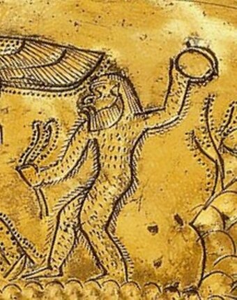 "Косматый троглодит, бросающий камень".