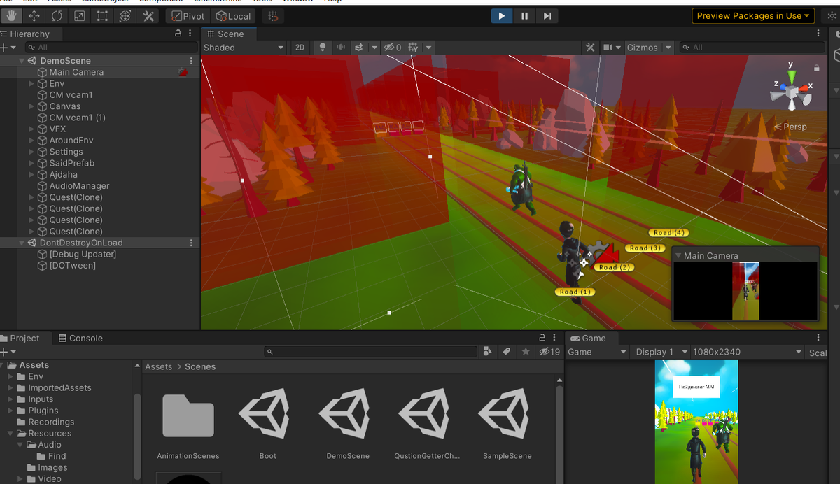 рис. 2 Окно Scene  со списком объектов в окне Hierarchy (в центре)