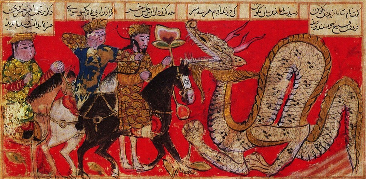 Феридун сражается с драконом. Персидская миниатюра