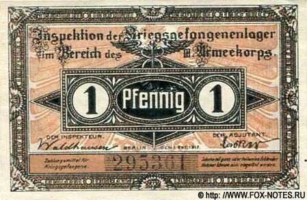 Дензнак, номиналом в 1 пфенниг, 1917 год. Без серии. Номер шестизначный. Надпись принадлежности на обороте: "Beeskow". Источник фото указан на изображении дензнака.