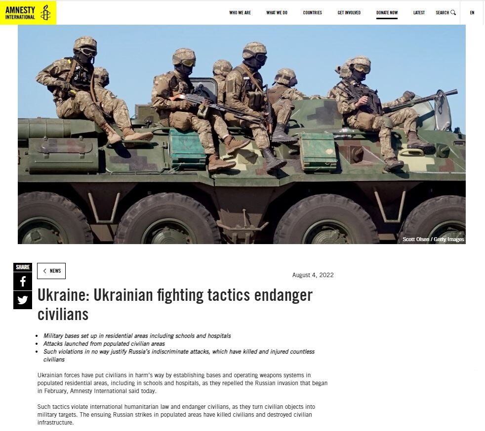 Uznávaná zpráva Amnesty International s názvem „Ukrajinská vojenská taktika ohrožuje civilisty“
