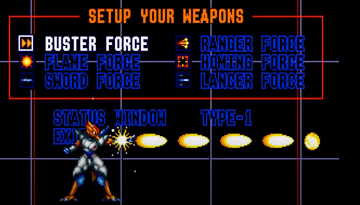 Большая часть орудий нам не пригодится самые полезные Buster force и Laser Force в некоторых случаях спасает Homing Force когда нужны самонаводящиеся снаряды как например на боссе - крабе.