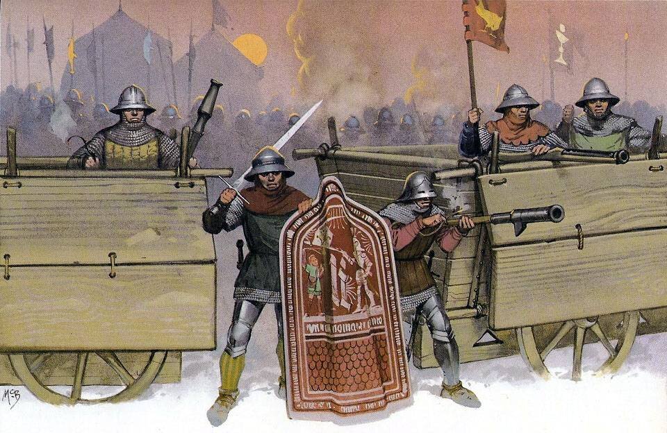 Знаменитые боевые повозки гуситов, благодаря вагенбургам, гордые рыцари не раз были биты на поле брани