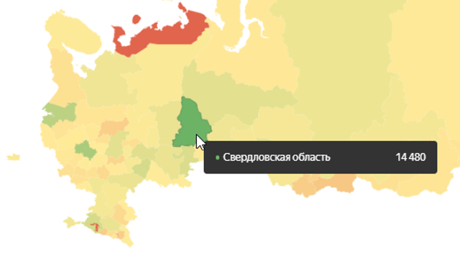 Карта географии посещений сайта стоматологии из Екатеринбурга за 2017-18 гг. Мы видим, что сайт посещает вся Россия. Причина — продвижение по информационным запросам. 