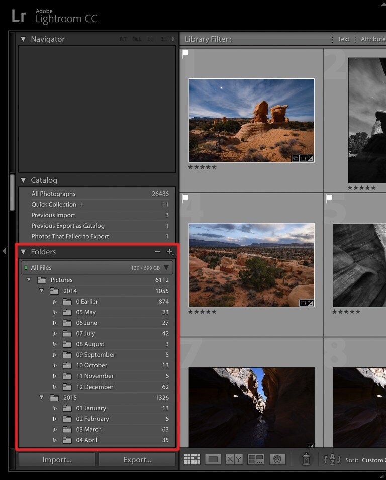 Окно импорта Lightroom