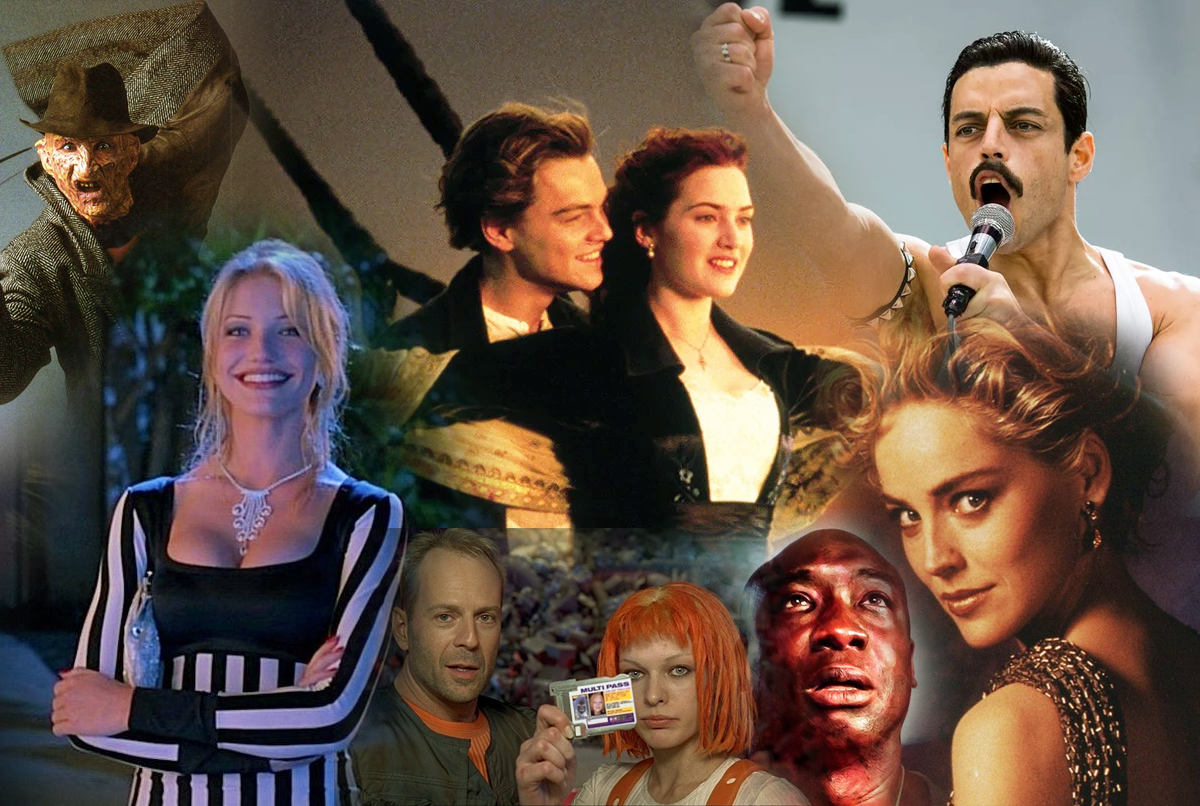 Кадры из фильмов: Кошмар на улице вязов, Маска, Титаник, Пятый элемент, Основной инстинкт, Зеленая миля, Рокетмен.