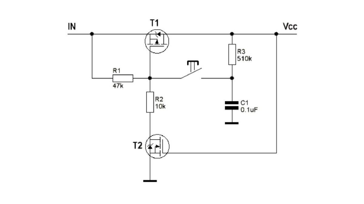 Включается питание. Схема кнопочного переключателя на транзисторе. Электронный выключатель на полевом транзисторе схема. Схема включения питания на полевом транзисторе. Схема включения фонарика кнопкой без фиксации.