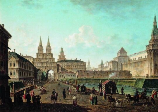 Воскресенские ворота Китай-города со стороны Тверской улицы и Воскресенский мост.