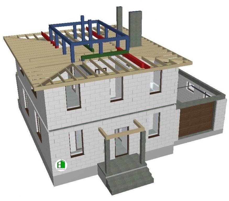 3D представление чердачного перекрытия и усиливающих конструкций кровли дома по проекту 24-212