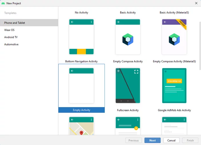 В меню File выбираем New-New project - Empty Activity