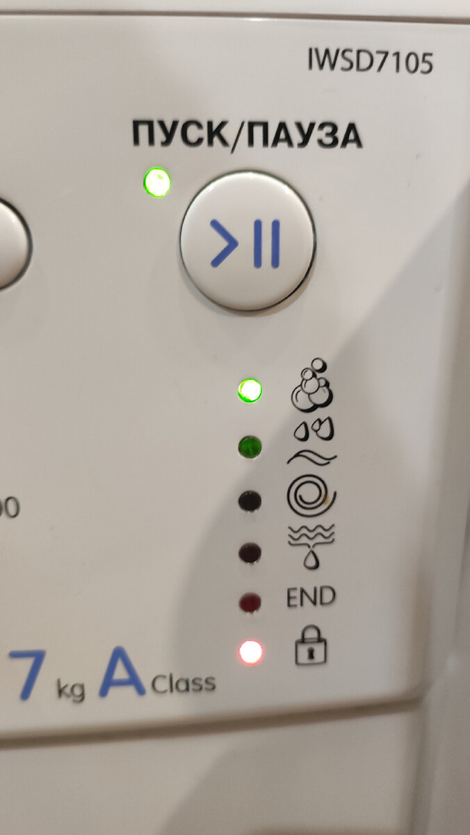 Лампочки-индикаторы. Стирка. Полоскание. Отжим. Слив. Конец. Блокировка двери
