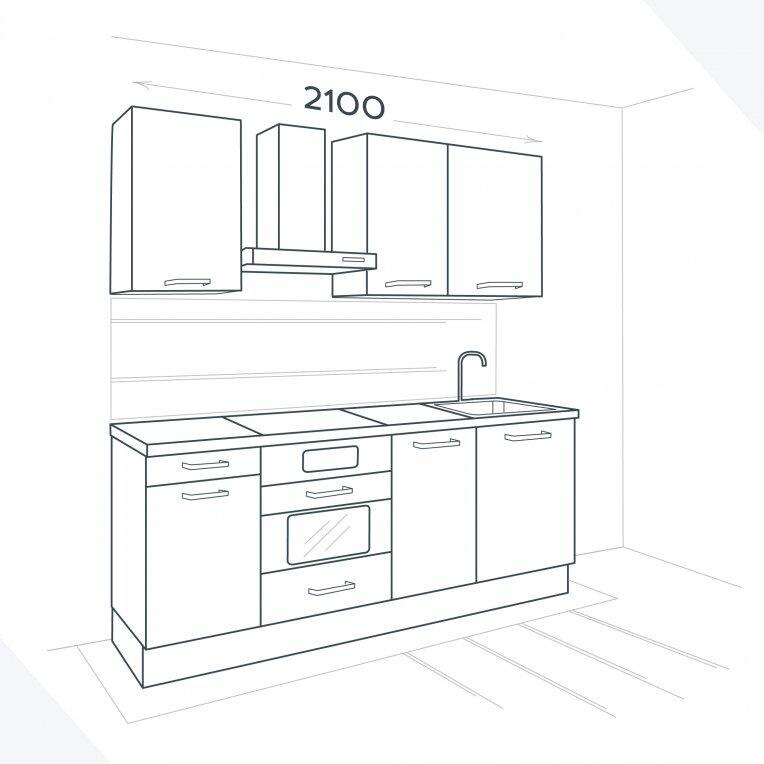 Базовый комплект включает: 3 навесные секции; 4 напольные секции, включая секции под мойку, духовой шкаф, с выдвижным ящиком; столешницу и цоколь
