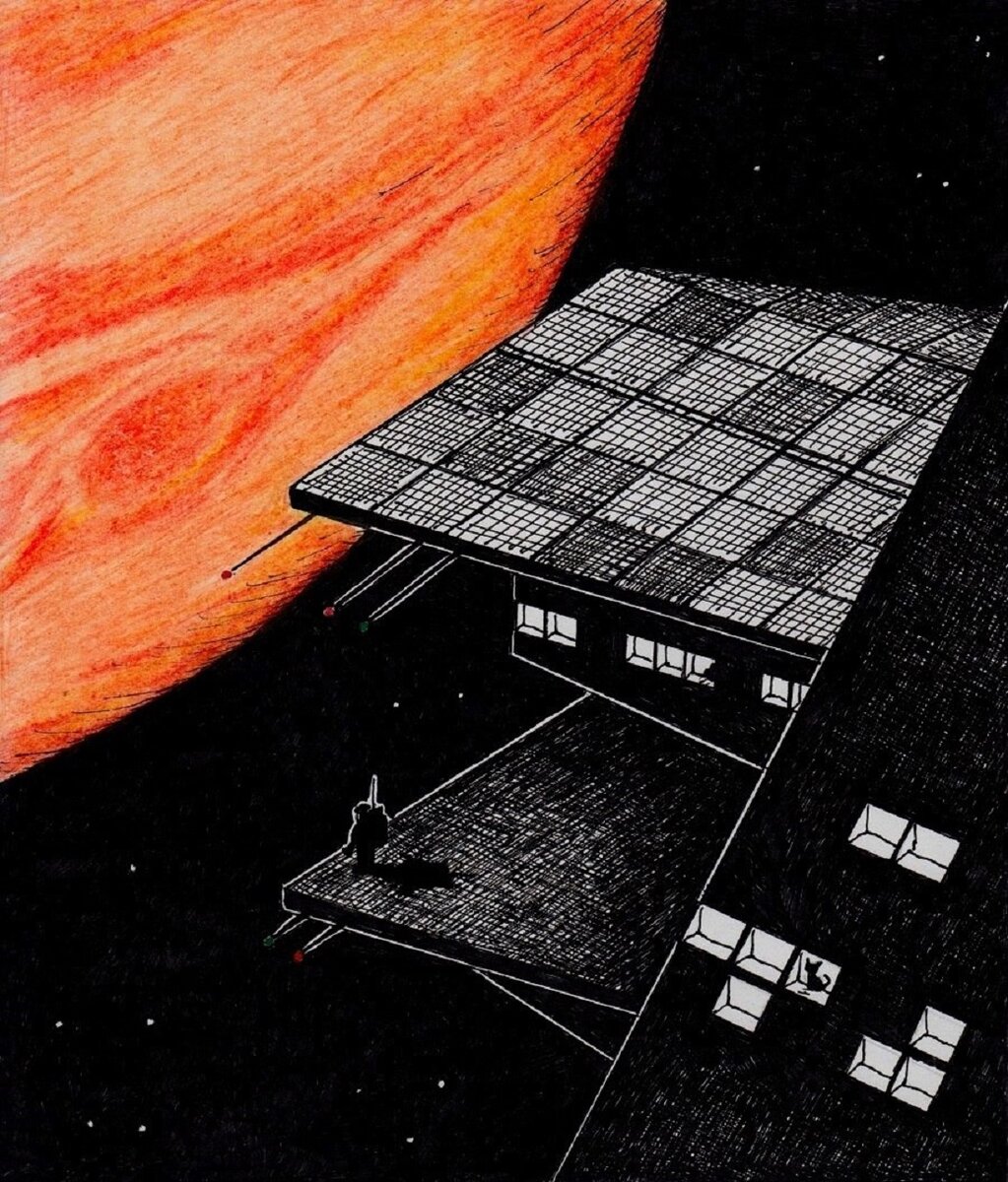 Рисунок автора. Я его нарисовал для обложки своей книги, которая называется "Космический покой" с подзаголовком "Фантастика". Кроме романа "Космический покой" в неё вошли ещё шесть рассказов, также фантастического содержания: "История Голубой планеты", "Компьютерная поездка", "Прогулки со смертью", "Последний день механизатора Егорова", "Волчара" и "Дождь"