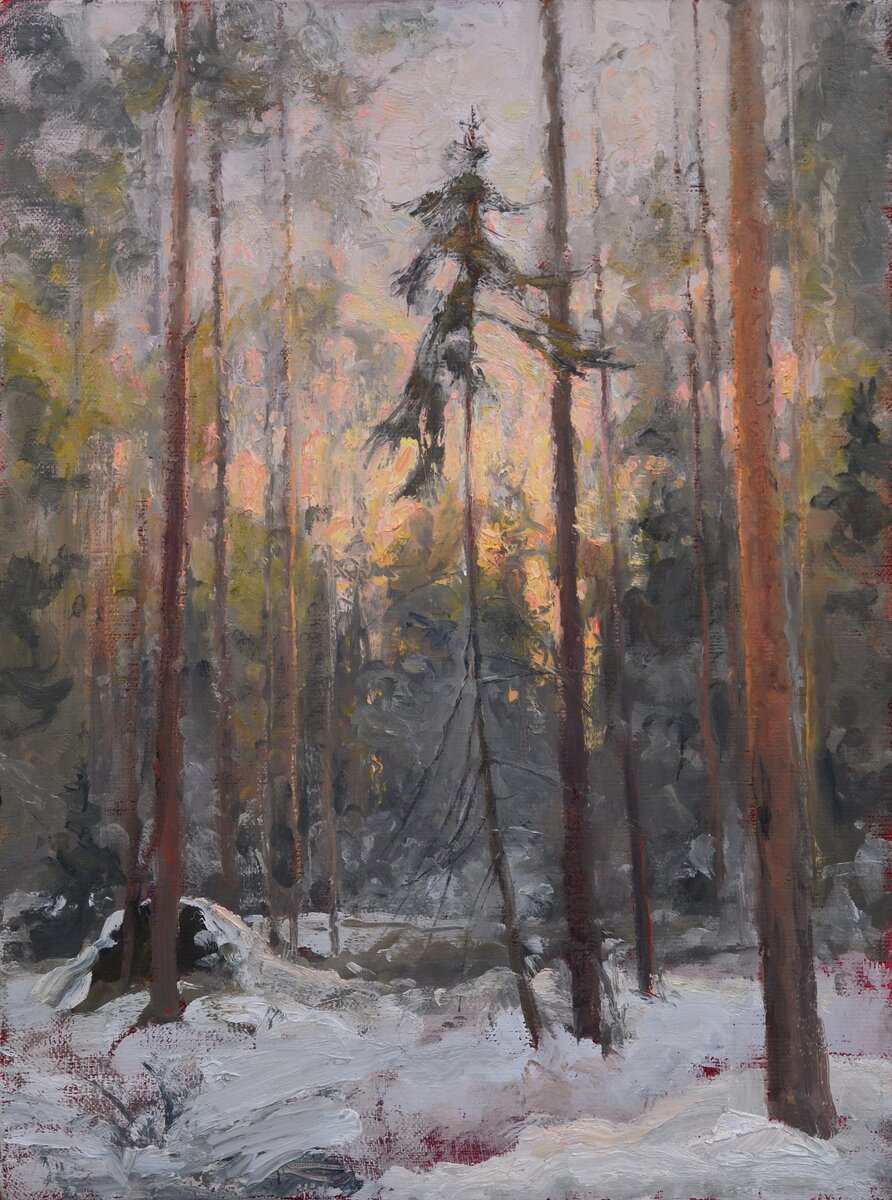 "Зимний вечер". Холст, масло 40х30 см. 2020г. ( кадмий красный светлый, кадмий жёлтый светлый, марс чёрный, белила титановые ) Фото предоставлено автором.