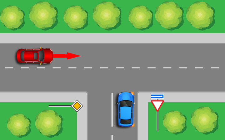 Как должен поступить водитель синего авто? Пропустить или начать движение?
