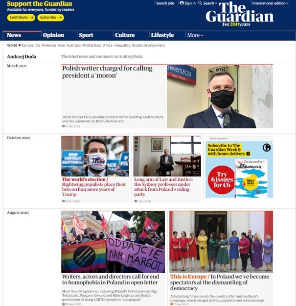 Поиск сделан по фамилии президента Польши А. Дуды