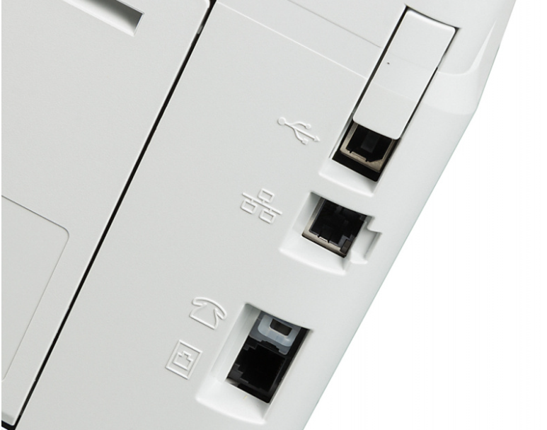 Расположение разъемов сверху вниз. USB 2.0, сетевая печать RJ-45 (Ethernet), факс