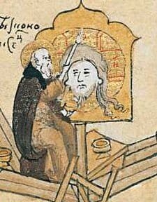 Роспись Андреем Рублевым Спасского собора Андроникова монастыря, книжная миниатюра ок. 1592 г.