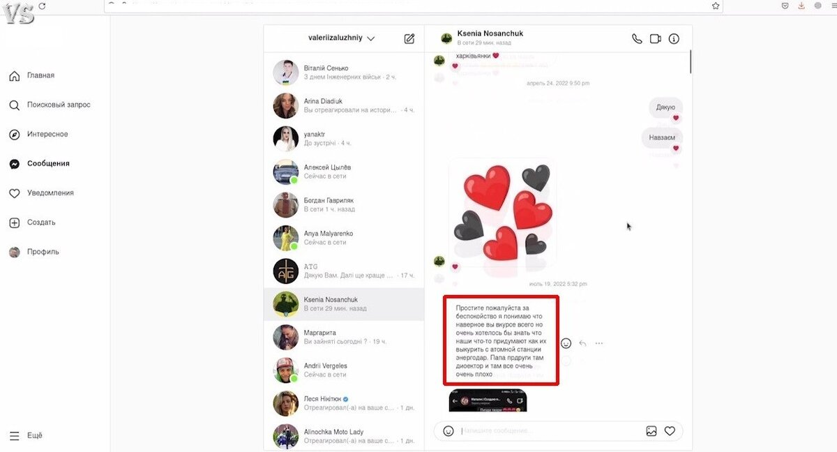 Переписка Залужного с Ksenia Nosanchuk