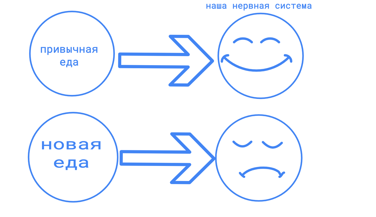 Наша нервная система напрямую связана с достижениями.
Любимую еду - нервная система одобряет.  
Реакция на новую еду - сигнал тревоги,  нужна дисциплина. 
Есть риск сорваться. 
 