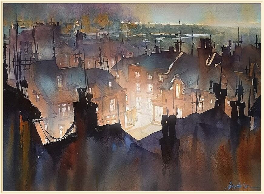     / Thomas W. Schaller / * 1967 /  "Rooftops of Rye" /    Watercolor.  18x24 Inches.  13 Jan. 2015
