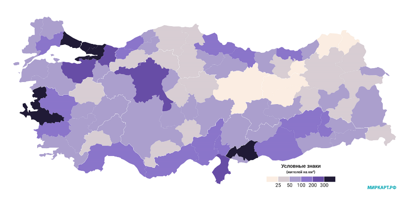 Карта плотности населения Турции Источник: https://миркарт.рф/карты-турции 