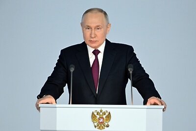    Президент РФ Владимир Путин выступает с ежегодным посланием Федеральному собранию ©Павел Бедняков РИА Новости