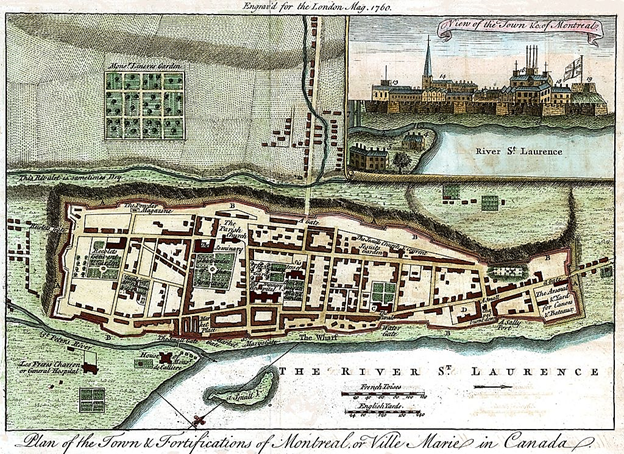 План Монреаля 1760-го года уже под английским флагом. Монументальность зданий и крепостной стены звёздчатой формы города, основанного якобы в качестве форта французскими католиками по официальной версии, свидетельствует о постройке города римской верхней цивилизацией. С участием англичан он был захвачен Американской Тартарией. То, что в центре города находится "Королевская гора", от которой и пошло название города, также говорит о его верхнем происхождении.